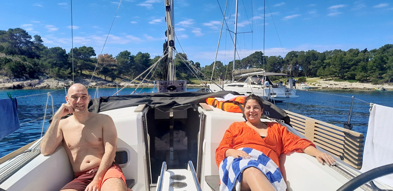 Eduard and Paula on yacht Manilo at Klava, Pakleni Islands in Croatia
